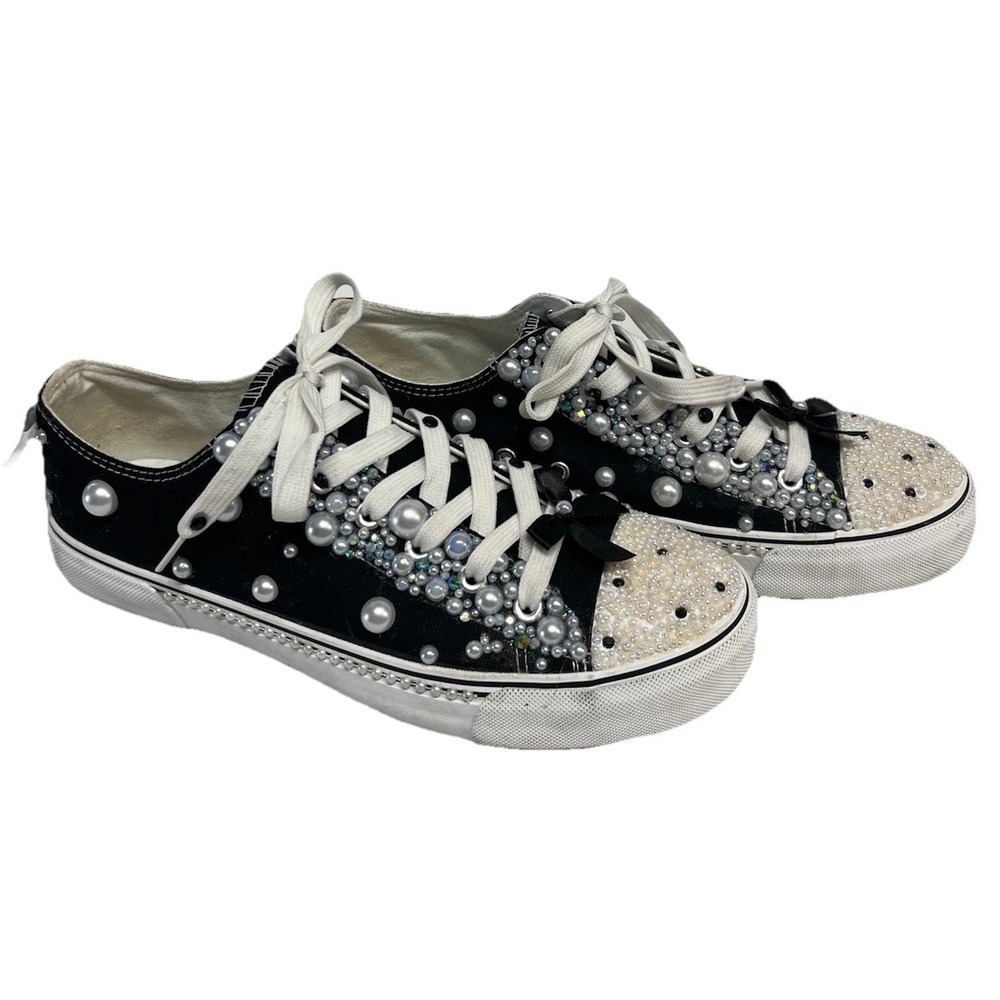 Black Low Top Tennis Shoes Adorned Pearls Bows Studs Wedding Prom Size 11